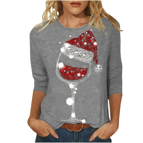 DeHolifer Women T-Shirts Red Wine Glass 3/4 Sleeve Christmas Pullover Xmas Santa Hat Graphic Blouse T-Shirts Tops Gray L