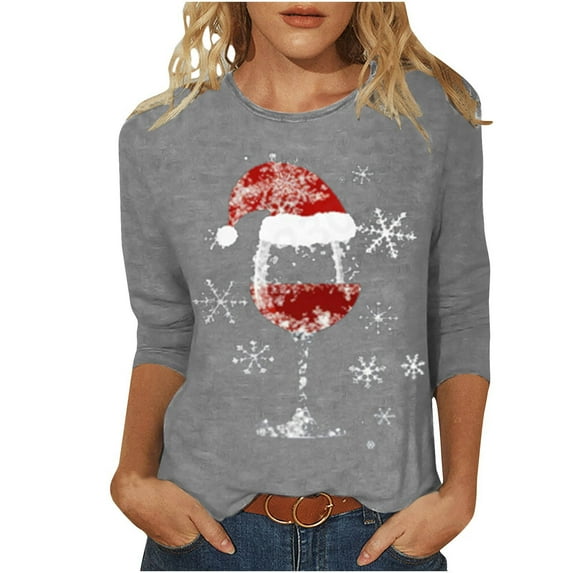DeHolifer Women T-Shirts Red Wine Glass 3/4 Sleeve Christmas Pullover Xmas Santa Hat Graphic Blouse T-Shirts Tops Gray M