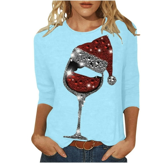 DeHolifer Women T-Shirts Red Wine Glass 3/4 Sleeve Christmas Pullover Xmas Santa Hat Graphic Blouse T-Shirts Tops Light Blue M