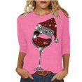 thumbnail image 1 of DeHolifer Women T-Shirts Red Wine Glass 3/4 Sleeve Christmas Pullover Xmas Santa Hat Graphic Blouse T-Shirts Tops Pink L, 1 of 4