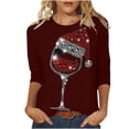 thumbnail image 1 of DeHolifer Women T-Shirts Red Wine Glass 3/4 Sleeve Christmas Pullover Xmas Santa Hat Graphic Blouse T-Shirts Tops Wine M, 1 of 4