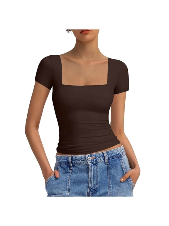Women Tee Square Neck Summer Stretch Top Solid Colors Casual Short Sleeve Shirt Brown 2XL