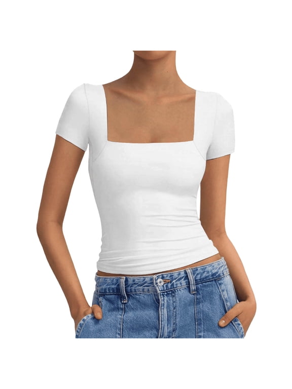 Women Tee Square Neck Summer Stretch Top Solid Colors Casual Short Sleeve Shirt White XL
