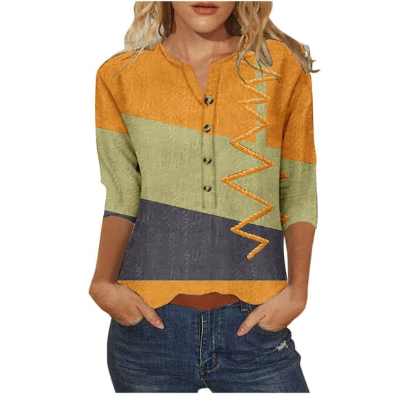 DeHolifer Women Tops 3/4 Sleeve V-Neck Button Color Block Cute Tunic Tops Loose Fashion Blouse Tops Yellow 3XL