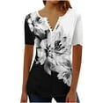thumbnail image 1 of QQAMB Women Tops Cotton Elegant Floral Print Summer Cool Tees Short Sleeve V Neck Button Blouse Casual Loose Tunic Tops Black 2XL, 1 of 3