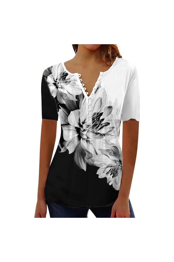 Women Tops Cotton Elegant Floral Print Summer Cool Tees Short Sleeve V Neck Button Blouse Casual Loose Tunic Tops Black XL