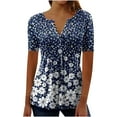 thumbnail image 1 of DeHolifer Women Tops Cotton Elegant Floral Print Summer Cool Tees Short Sleeve V Neck Button Blouse Casual Loose Tunic Tops Blue XL, 1 of 3