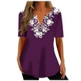 thumbnail image 1 of Womens Tunic Tops ,Button Down Henley V Neck Shirt Floral/Geometric Print Summer Lace Tops Casual Short Sleeve Blouses Ladies T Shirts Long Length Tunic Tops for Leggings Size 16, 1 of 4
