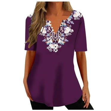 DeHolifer Women Tops Cotton Elegant Floral Print Summer Cool Tees Short Sleeve V Neck Button Blouse Casual Loose Tunic Tops Purple XL