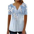 thumbnail image 1 of DeHolifer Women Tops Cotton Elegant Floral Print Summer Cool Tees Short Sleeve V Neck Button Blouse Casual Loose Tunic Tops Sky Blue S, 1 of 3