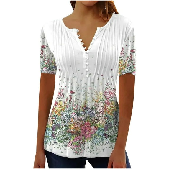 DeHolifer Women Tops Cotton Elegant Floral Print Summer Cool Tees Short Sleeve V Neck Button Blouse Casual Loose Tunic Tops White M