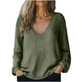 thumbnail image 1 of QQAMB Women Tops Cotton Linen Casual Solid Color V-Neck Long Sleeve T-Shirt Summer Loose Tee Tops Green M, 1 of 6