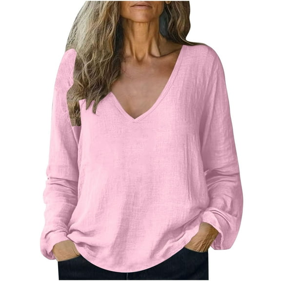 DeHolifer Women Tops Cotton Linen Casual Solid Color V-Neck Long Sleeve T-Shirt Summer Loose Tee Tops Pink XL