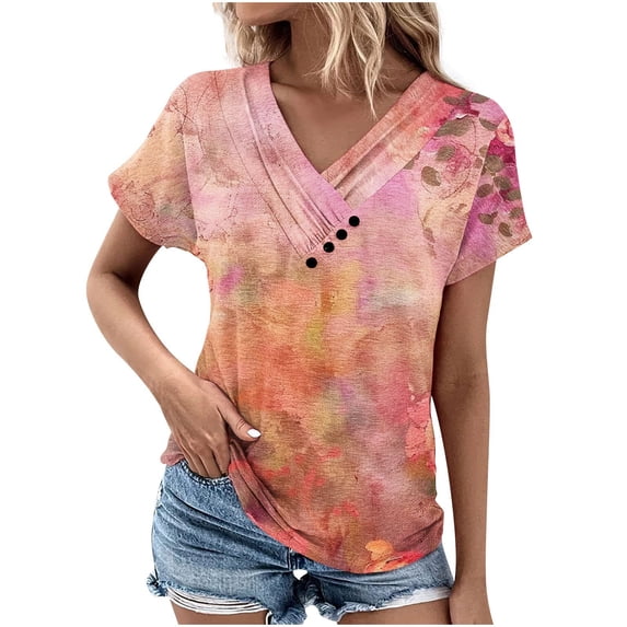 DeHolifer Women Tops Elegant Floral Print Summer Cool Tees Short Sleeve V Neck Button Blouse Casual Loose Tunic Tops Yellow 2XL