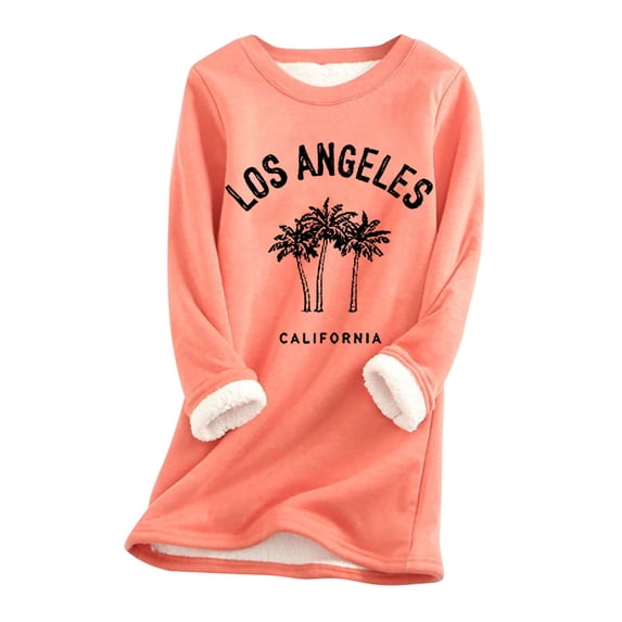 DeHolifer Women Tops Long Sleeve Warm Sherpa Lined Fleece Crewneck Sport Sweatshirt Pullover Loungewear Blouse Tops Orange L