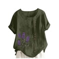 thumbnail image 1 of DeHolifer Women Tops Plus Size Linen Floral Printed Crewneck Short Sleeve Casual Loose Tee Tops Army Green M, 1 of 4