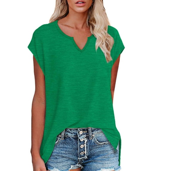 DeHolifer Women Tops Plus Size V-Neck Solid Color Short Sleeve Lightweight Summer Loose Blouse T-Shirts Green XL