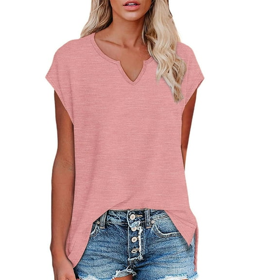 QQAMB Women Tops Plus Size V-Neck Solid Color Short Sleeve Lightweight Summer Loose Blouse T-Shirts Pink XL