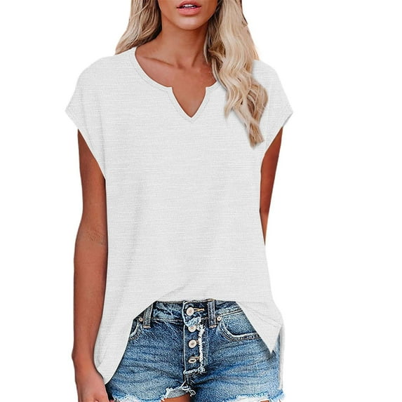 DeHolifer Women Tops Plus Size V-Neck Solid Color Short Sleeve Lightweight Summer Loose Blouse T-Shirts White M