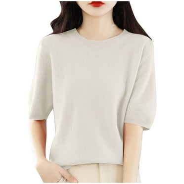 DeHolifer Women Tops Solid Half Sleeve Crewneck Knit Sweater Elegant Cropped Tops Beige L