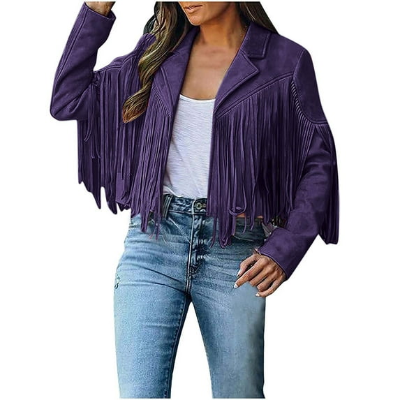 DeHolifer Women Trendy Tassel Coat Fringe Coats Faux Suede Leather Cowboy Style Jacket Long Sleeve Tassels Cardigan Coat Outwear Purple L