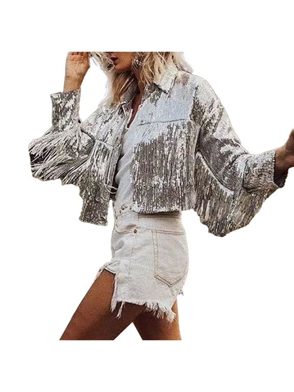 Women Trendy Tassel Coat Fringe Coats Faux Suede Leather Cowboy Style Jacket Long Sleeve Tassels Cardigan Coat Outwear Silver Free Size