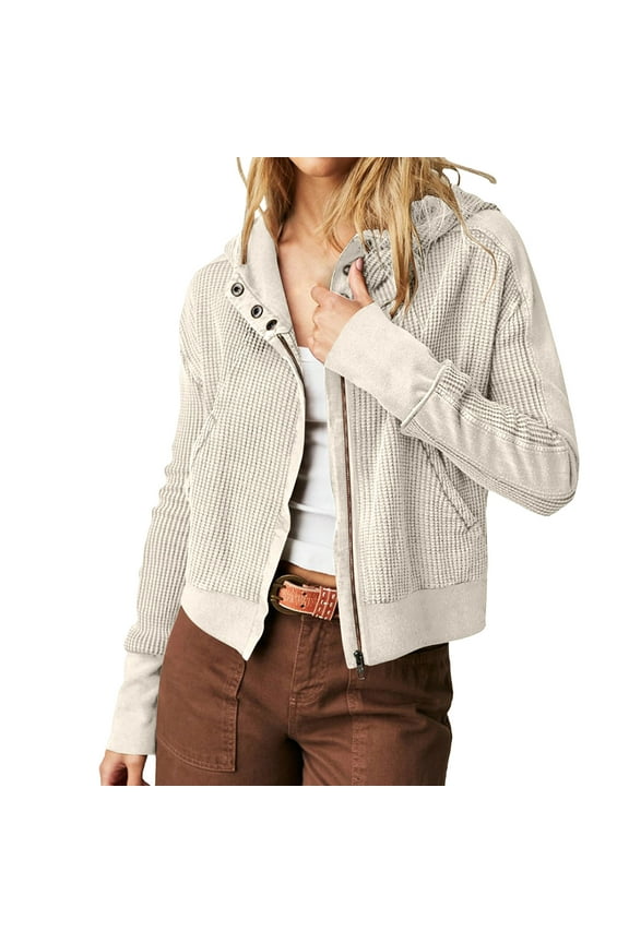 Women Waffle Jacket Cotton Knit Hoodies Zip Up Cropped Jacket Slouchy Short Jackets Casual Long Sleeve Shackets Outwear with Pockets White XL