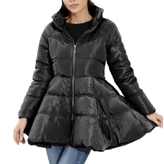 QQAMB Women Winter Coat Long Sleeve Solid Mid-Length Cotton-padded Jacket Zipper Lapel Warm Coat with Bow Belt Black 2XL