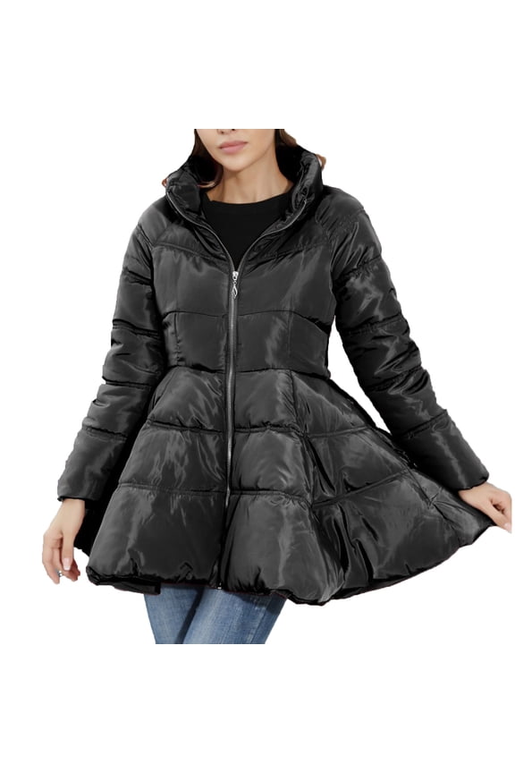 Women Winter Coat Long Sleeve Solid Mid-Length Cotton-padded Jacket Zipper Lapel Warm Coat with Bow Belt Black 2XL