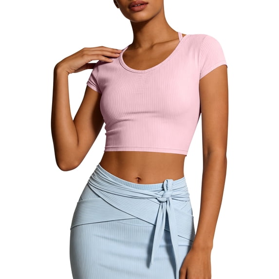 DeHolifer Women Workout Tops Short Sleeve Seamless Athletic Shirts Yoga Gym Sports Breathable Tees Slim Cropped Shirt Pink M