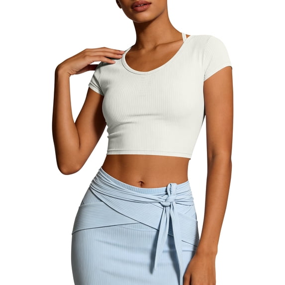 DeHolifer Women Workout Tops Short Sleeve Seamless Athletic Shirts Yoga Gym Sports Breathable Tees Slim Cropped Shirt White S