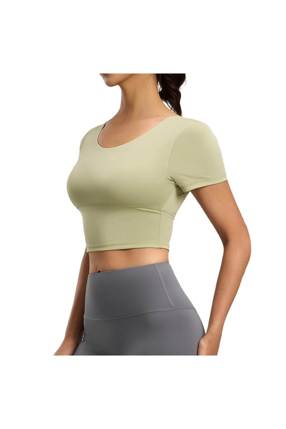 Women Yoga Crop Top Short Sleeve Nylon Blend Crisscross Backless Slim Fit Workout Shirt for Gym Fitness Running Green XL