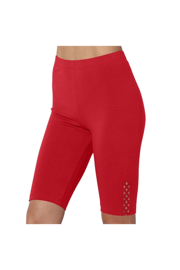 Women Yoga Shorts Elastic Waisted Solid Color Hollow Out Straight Leg Fitness Gym Yoga Shorts Red 2XL