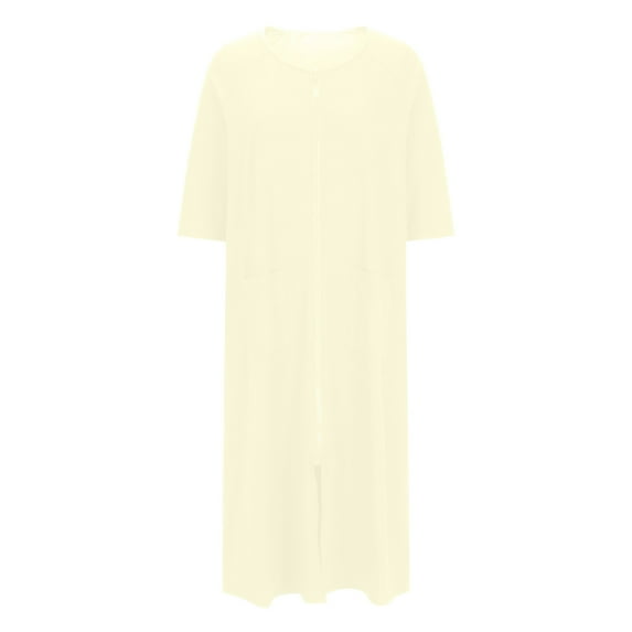DeHolifer Women Zipper Robe Solid Color 3/4 Sleeve Duster Housecoat Short Bathrobes Zip Front Nightgown with Pockets Beige XL