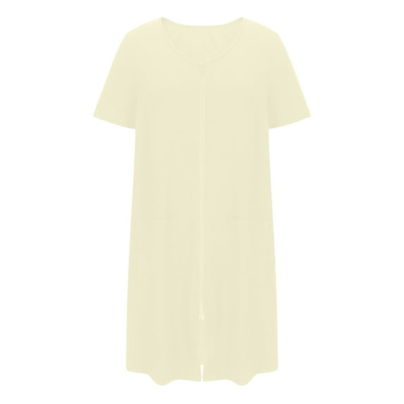 QQAMB Women Zipper Robe Solid Color Short Sleeve Duster Housecoat Short Bathrobes Zip Front Nightgown with Pockets Beige XL