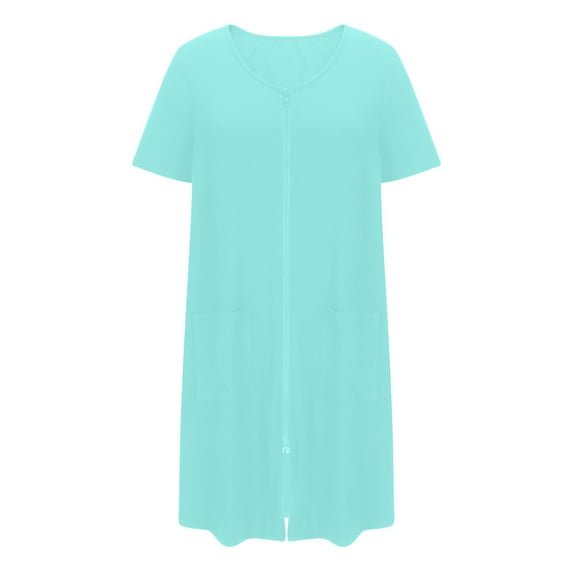 QQAMB Women Zipper Robe Solid Color Short Sleeve Duster Housecoat Short Bathrobes Zip Front Nightgown with Pockets Blue L
