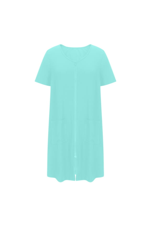 DeHolifer Women Zipper Robe Solid Color Short Sleeve Duster Housecoat Short Bathrobes Zip Front Nightgown with Pockets Blue XL