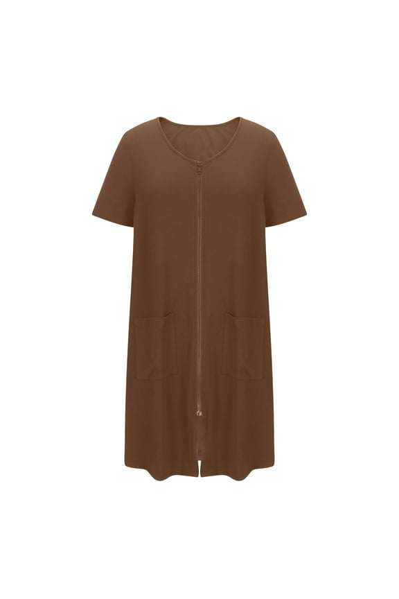 Women Zipper Robe Solid Color Short Sleeve Duster Housecoat Short Bathrobes Zip Front Nightgown with Pockets Brown 2XL