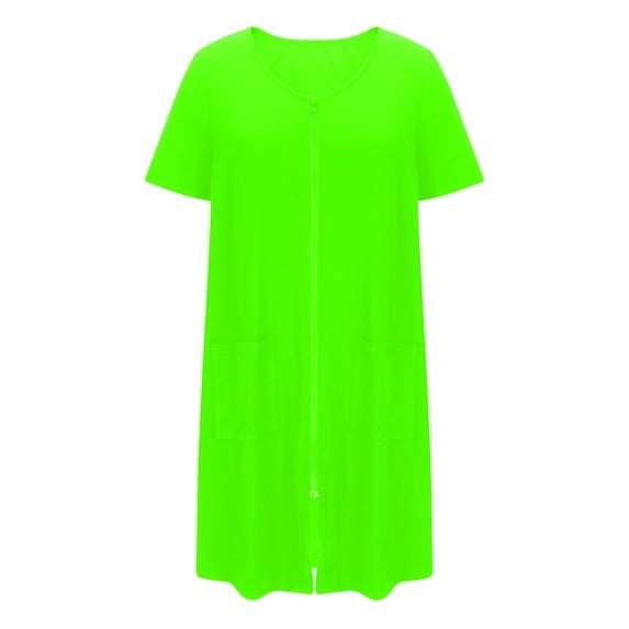 QQAMB Women Zipper Robe Solid Color Short Sleeve Duster Housecoat Short Bathrobes Zip Front Nightgown with Pockets Green 2XL