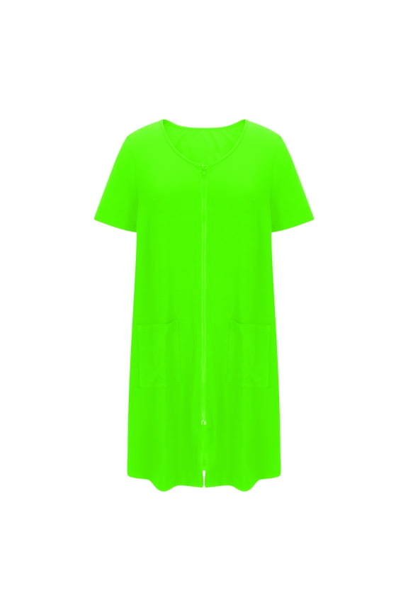 Women Zipper Robe Solid Color Short Sleeve Duster Housecoat Short Bathrobes Zip Front Nightgown with Pockets Green XL