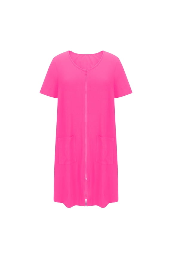 Women Zipper Robe Solid Color Short Sleeve Duster Housecoat Short Bathrobes Zip Front Nightgown with Pockets Pink XL