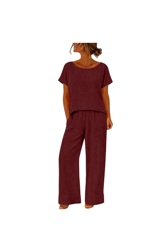 Women's 2 Piece Sets Casual Crewneck Solid Color Short Sleeve Pajama with Pants Home Set Wine L