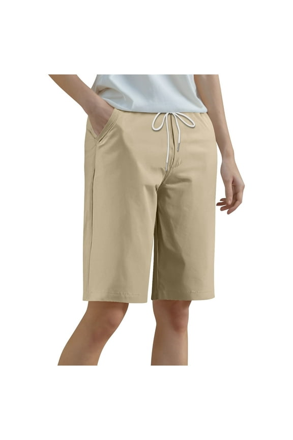 Women's Bermuda Shorts Plus Size Long Comfy Cotton Sweat Shorts Summer Knee Length Lounge Shorts with Pockets Khaki 5XL