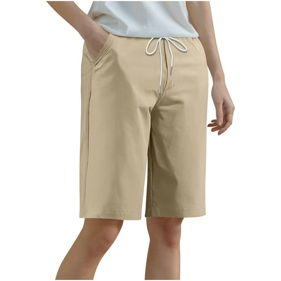 QQAMB Women's Bermuda Shorts Plus Size Long Comfy Cotton Sweat Shorts Summer Knee Length Lounge Shorts with Pockets Khaki M