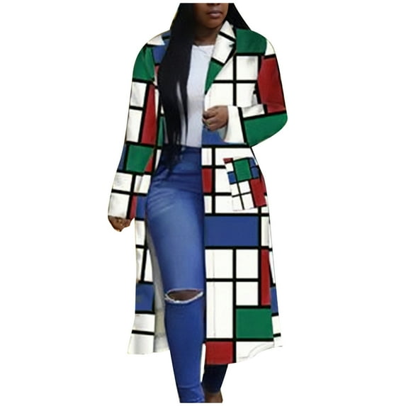 DeHolifer Women's Blazers Colored Turn Down Collar Double Breasted Trench Coat Colorful Outerwear Cardigan Long Blazer Jacket Blue 2XL