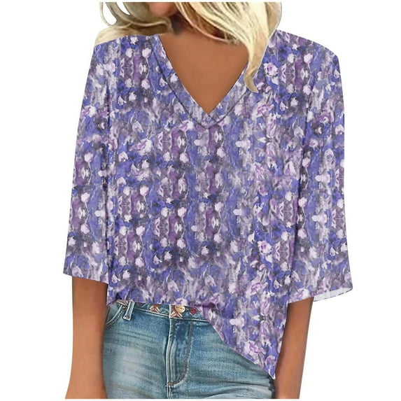 DeHolifer Women's Blouse Half Sleeve V-Neck Floral Print Loose Fall Fashion Tee T-Shirts for Women Purple 2XL