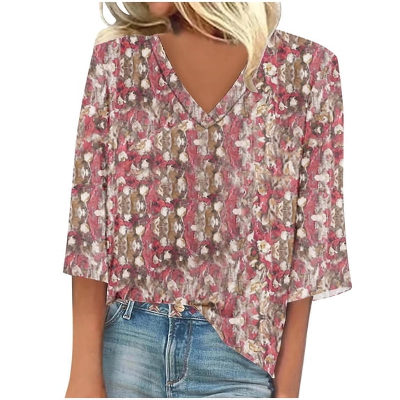 DeHolifer Women's Blouse Half Sleeve V-Neck Floral Print Loose Fall Fashion Tee T-Shirts for Women Red 3XL