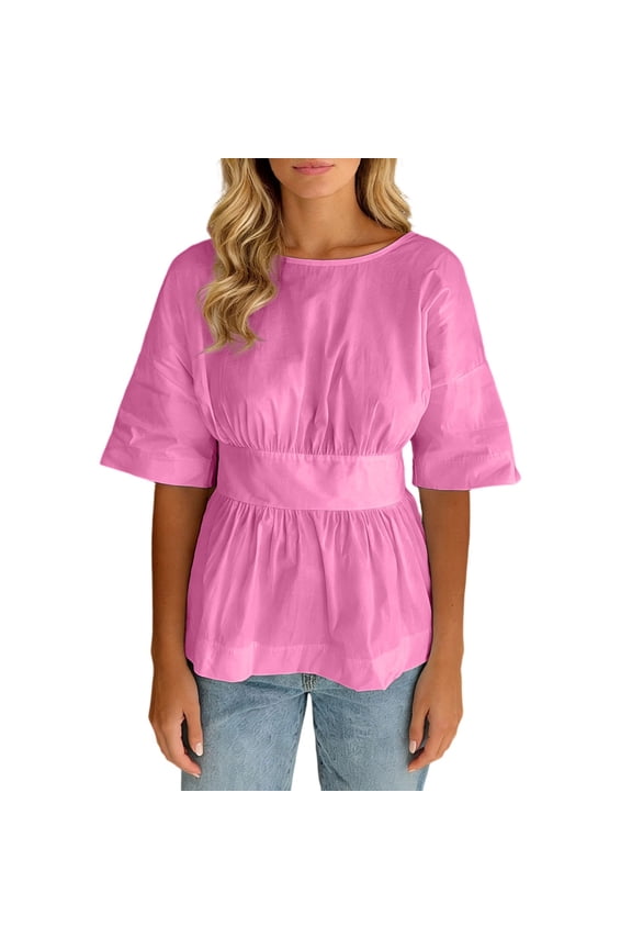 Women's Blouse Shirt Backless Tie-Up Short Front Long Back Casual Tops Trendy T-Shirt Pink S
