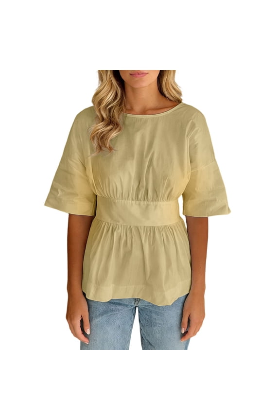 Women's Blouse Shirt Backless Tie-Up Short Front Long Back Casual Tops Trendy T-Shirt Yellow L
