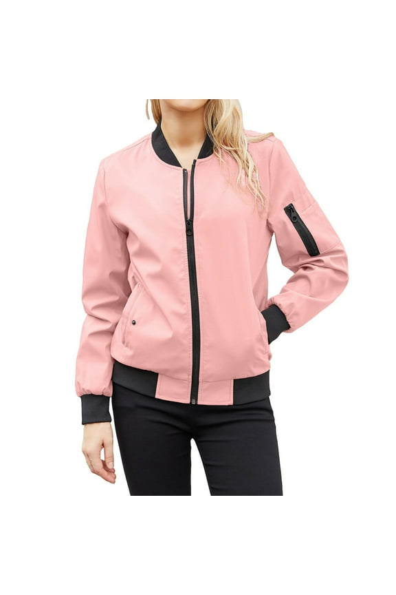 Women's Bomber Lightweight Jackets Zip Up Casual Spring Jacket Windbreaker with Pockets Pink XL